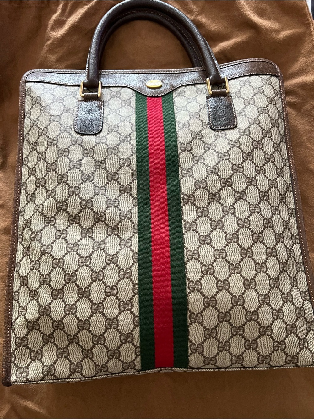 Gucci Beige GG Canvas Tote with Green and Red Web Stripe 16x14x2 inches ! - Picture 12 of 15